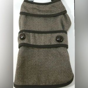 PETSHOPPE DOG Brown Herringbone Tweed Classic Basketweave Buttons Winter Coat:XS